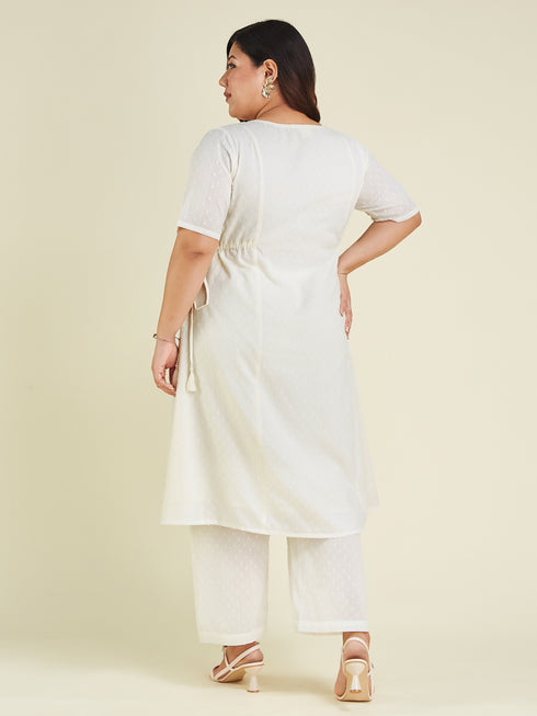 Janasya Women's Plus Size Off White Dobby Pure Cotton Self Design A-line Kurta Pant Set